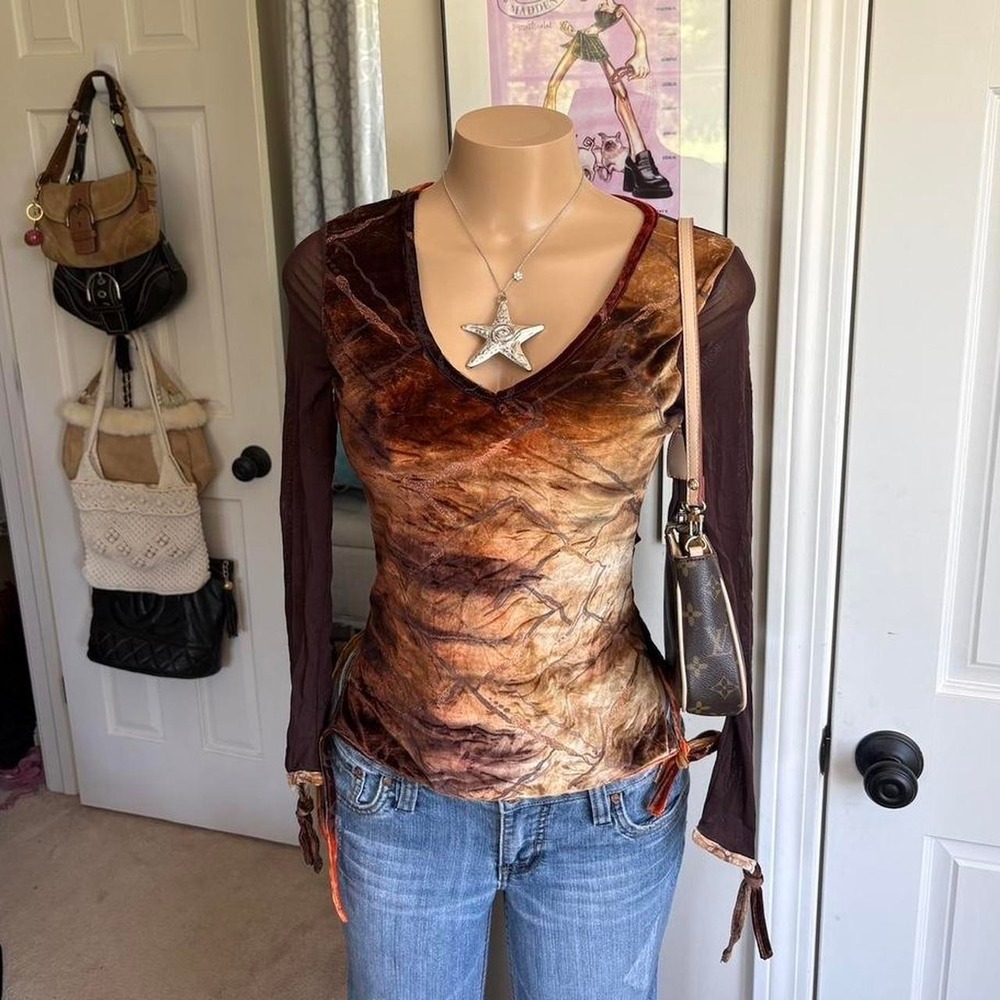 Y2K 2000s avant garde animal print Brown Mesh Tie Sleeve Top